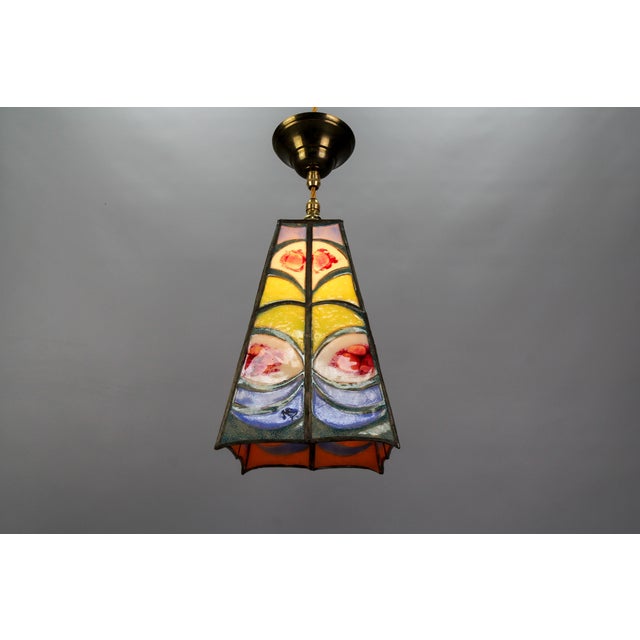 Mid-Century Blue, Yellow and Red Stained Glass Pendant Light, 1970s For Sale - Image 15 of 18