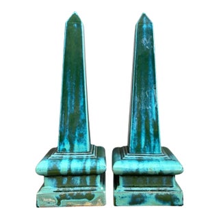 Vintage Blue Glazed Ceramic Obelisks For Sale