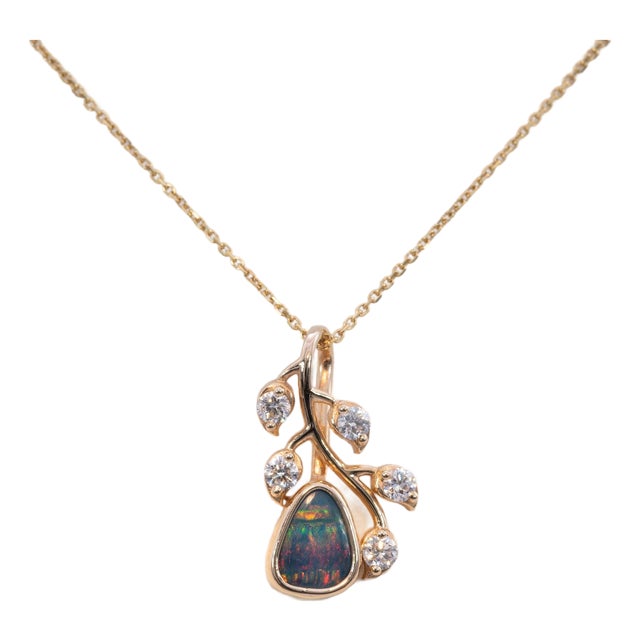 Boulder Opal Pendant With Earth-Mined Diamond Accents in Solid 14k Gold, 8x3mm For Sale