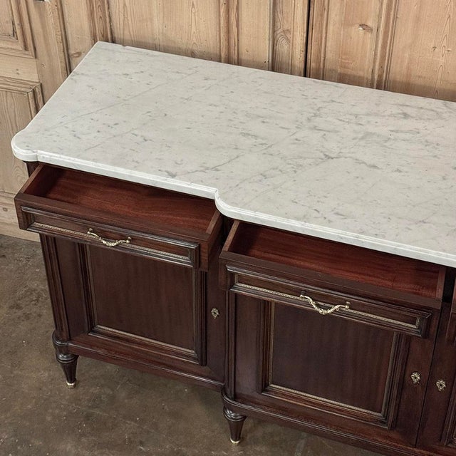 French Louis XVI Style Carrara Marble Top Mahogany Four Door Buffet For Sale - Image 16 of 18