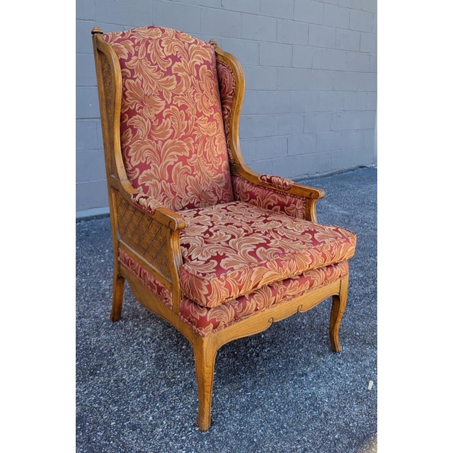 1964 Barnes & Kimel Queen Anne Wingback Chair With Red Jacquard Fabric For Sale - Image 4 of 9