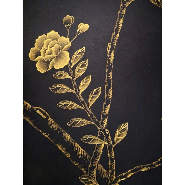 Hand‑Painted Black Gold Chinoiserie Wall Panel, Floral & Bird Motifs For Sale - Image 4 of 6