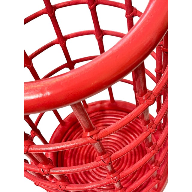 Raspberry Red Vintage Lacquered Raspberry Red Mid Century Rattan Bamboo Umbrella Stick Stand For Sale - Image 8 of 13