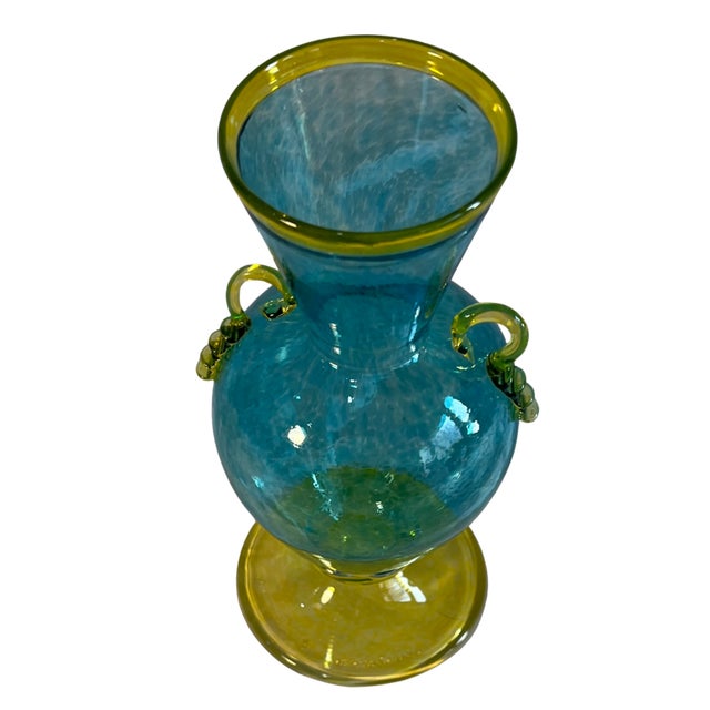 Art Glass Aqua Yellow Handled Amphora Vase For Sale - Image 12 of 14