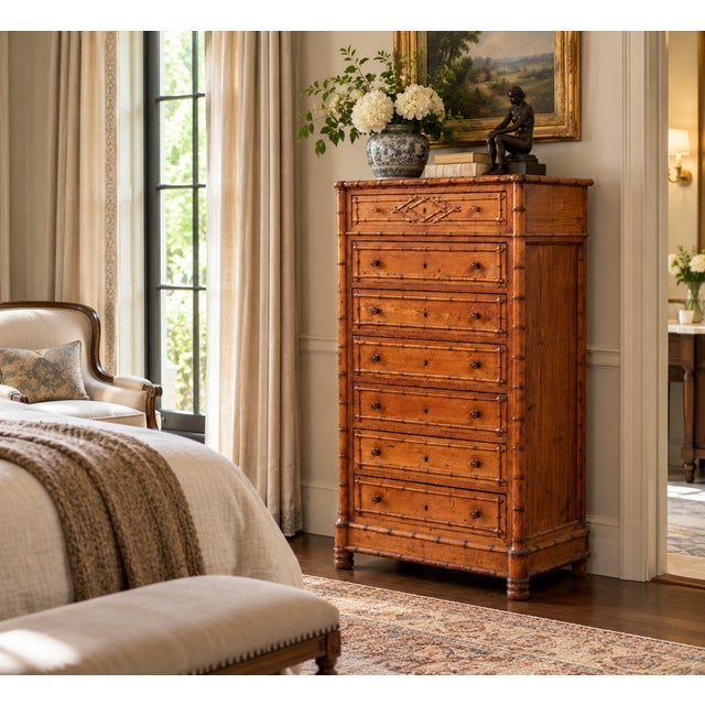 19th Century French Faux Bamboo Semainier Commode–Seven-Drawer Pine Chest For Sale - Image 11 of 11