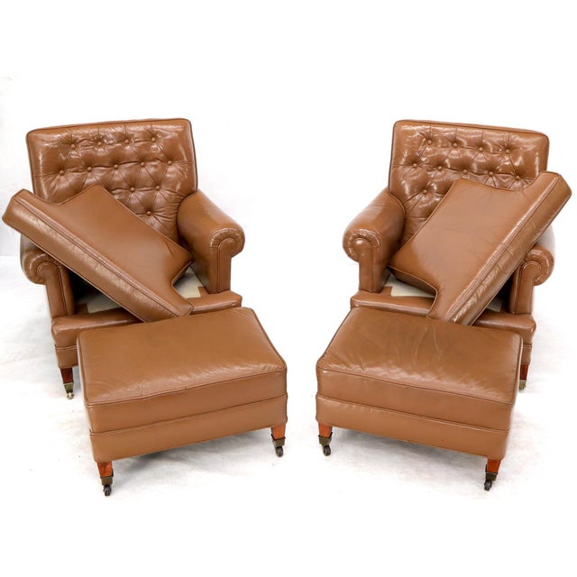 Pair of Chesterfield Style Leather Chairs W/ Ottomans Brown to Tan For Sale - Image 10 of 15