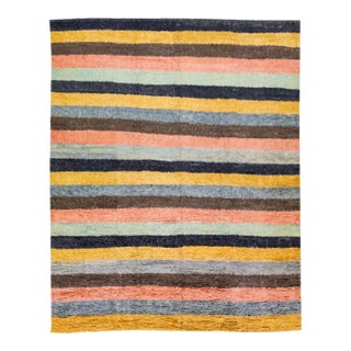 Modern Tulu Handmade Turkish Wool Rug With Multicolor Stripe Motif For Sale