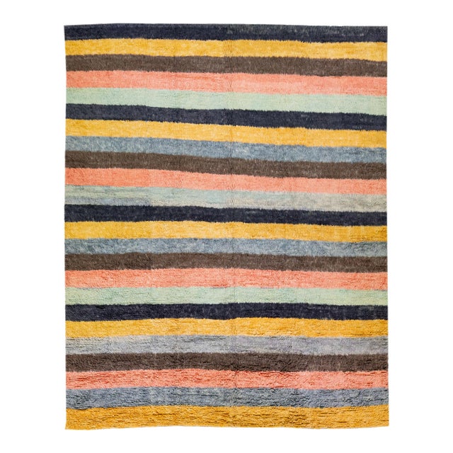 Modern Tulu Handmade Turkish Wool Rug With Multicolor Stripe Motif For Sale
