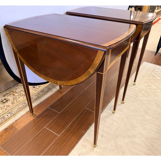 Wood Pair of Mahogany Inlay Pembroke Drop Leaf End Tables For Sale - Image 7 of 11