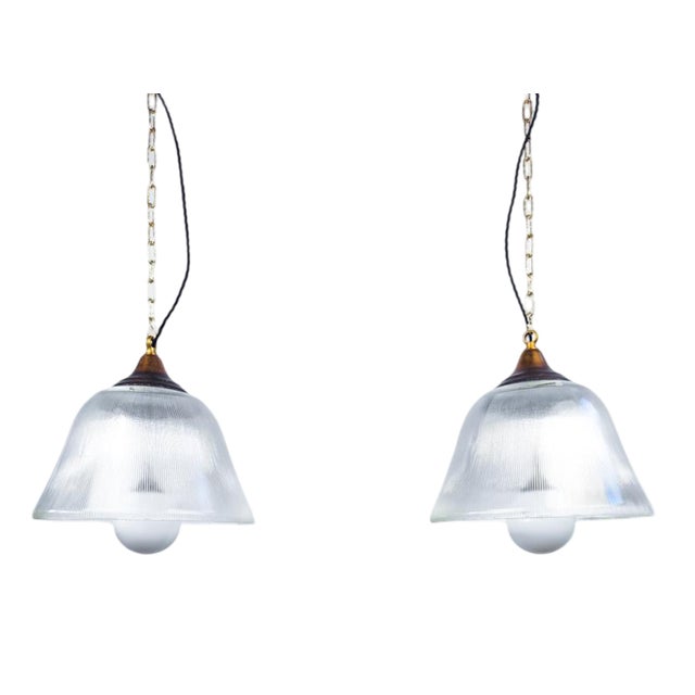 Large Holophane and Opaline Glass Pendant Lights, 1970s For Sale