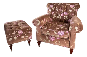 Vintage Custom Traditional English Cottage French Floral Velvet Armchair + Ottoman
