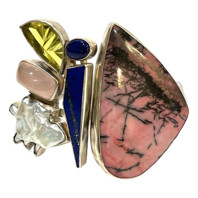 Vintage Statement Brutalist Cuff - Sterling Silver - Semi-Precious Gems - Studio Greytak Montana For Sale