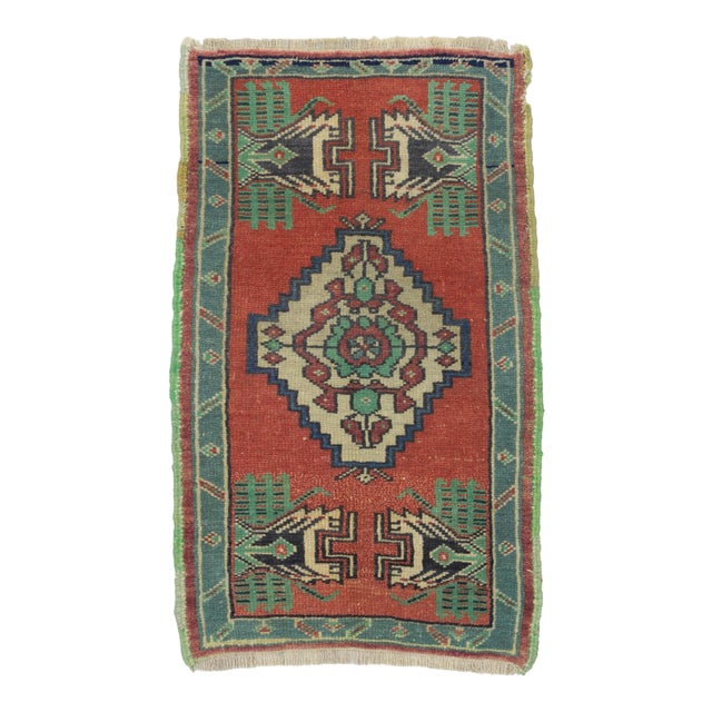 1960s Turkish Mini Oushak Green and Red Wool Rug For Sale
