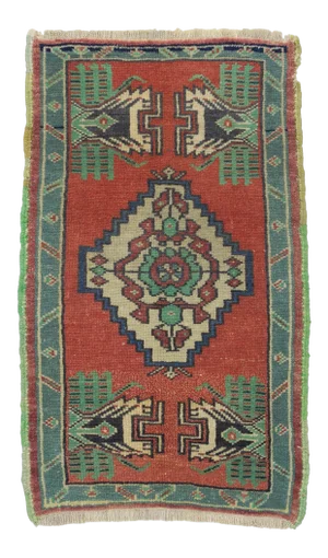 1960s Turkish Mini Oushak Green and Red Wool Rug