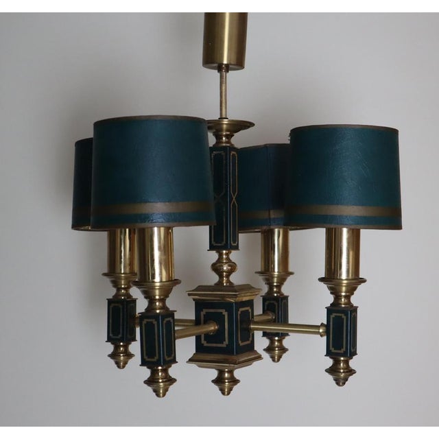 Metal Empire Dark Green Leather and Brass Four-Arm Chandelier, France, 1960s For Sale - Image 7 of 18