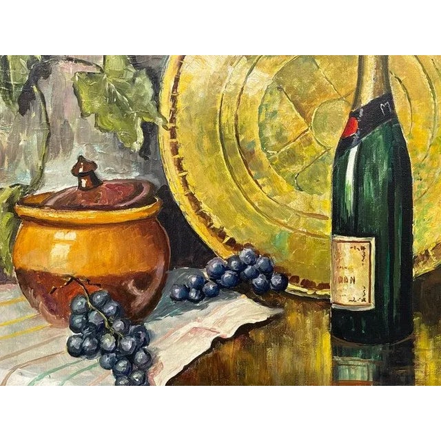 Textile Vintage Champagne Bottle With Grapes Still Life Oil Painting by 20th Century Artist, 1985 Circa For Sale - Image 7 of 12