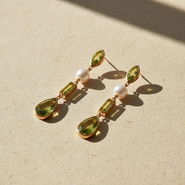 Not Yet Made - Made To Order Peridot & Pearl Drop Earrings Studs, Silver, Gold, Pair For Sale - Image 5 of 7