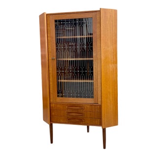 Danish Modern Teak Corner Glass Curio Cabinet or Bar For Sale