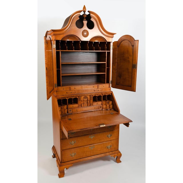 Store Item: ELDRED WHEELER TIGER MAPLE TWO-PART BONNET-TOP SECRETARY DESK WITH BOOKCASE Description: Outstanding Tiger...