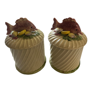 1980s Fitz & Floyd Majolica Ironstone Canister Set -- Fish, Clams and Asparagus- Set of 2