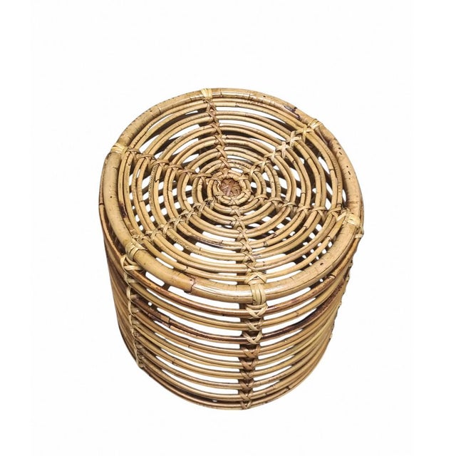 Mid-Century Modern Vintage Cylindrical Rattan and Bamboo Stool attributed to Tito Agnoli, 1960s For Sale - Image 3 of 6