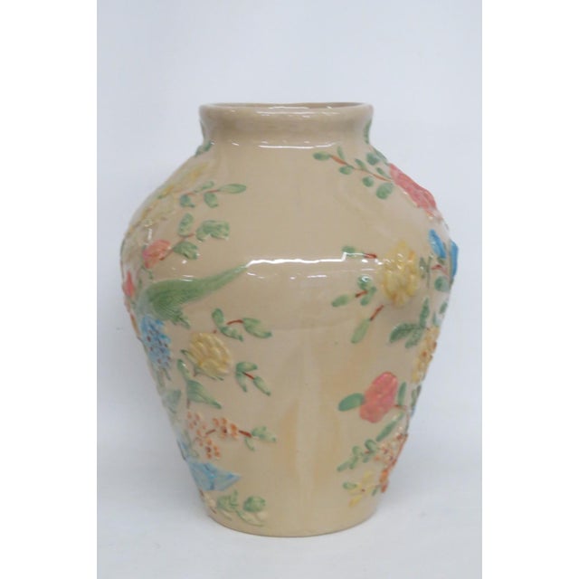 Art Deco RRP Co Roseville Lucia Vase Tall Ceramic Raised Floral Motif Cream Color 4527b For Sale - Image 3 of 14