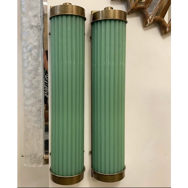 Pair Skyscraper Vintage Art deco light Old Lamp Wall Sconces Fixture Brass & Green Glass Rod Ship Light Excellent Working...