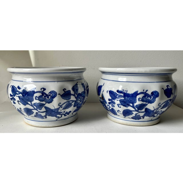 Ceramic Chinoiserie Blue & White Porcelain 8" Cachepots-a Pair For Sale - Image 7 of 10