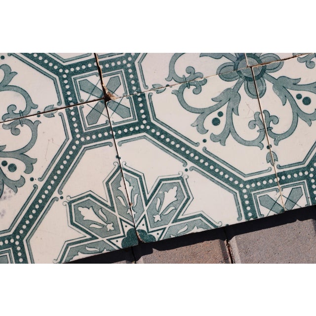 Art Deco Tiles Set of 8 Large Portuguese Sage Green & White Floral Geometric Design c.1920s For Sale - Image 11 of 16