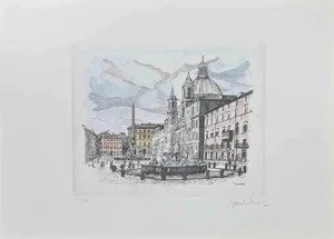 Giuseppe Malandrino, Navona Square, Fountain of 4 Rivers, Etching, 1970s