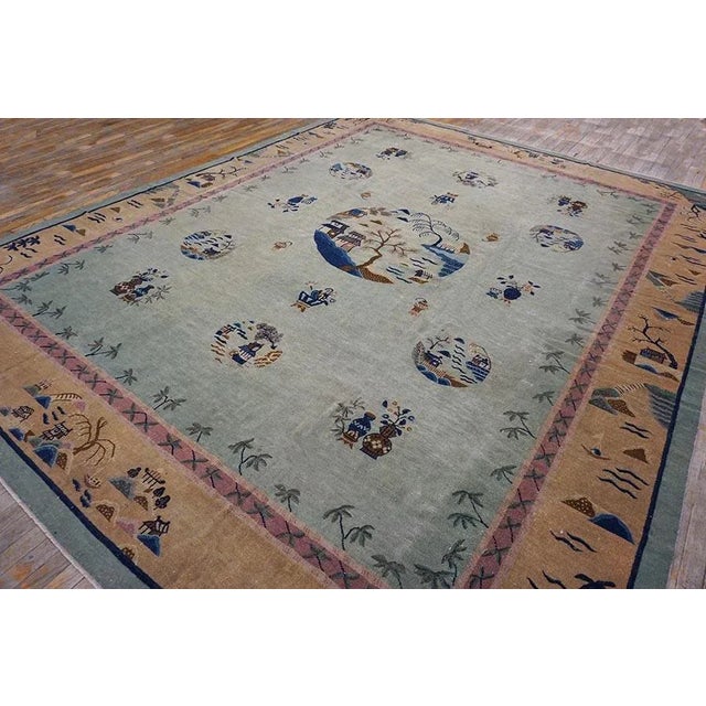 1920s Sky Blue Classical Pictorial Antique Chinese Peking Carpet 10'4" X 12'8" Knotted Wool Rug For Sale - Image 4 of 12