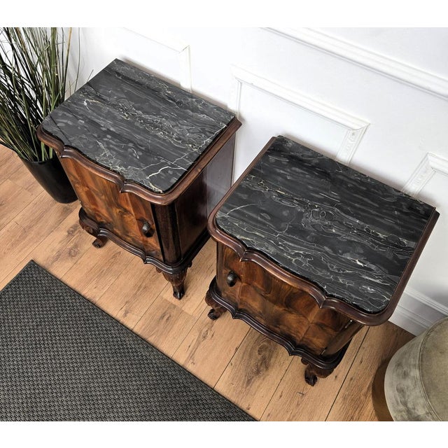 Italian Chippendale Walnut Nightstands with Marble Top, 1930s, Set of 2 For Sale - Image 6 of 10