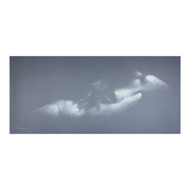 Alexander Cañedo Signed Chalk Drawing — Reclining Female Figure on Deep Blue Paper (Mid‑Century) For Sale