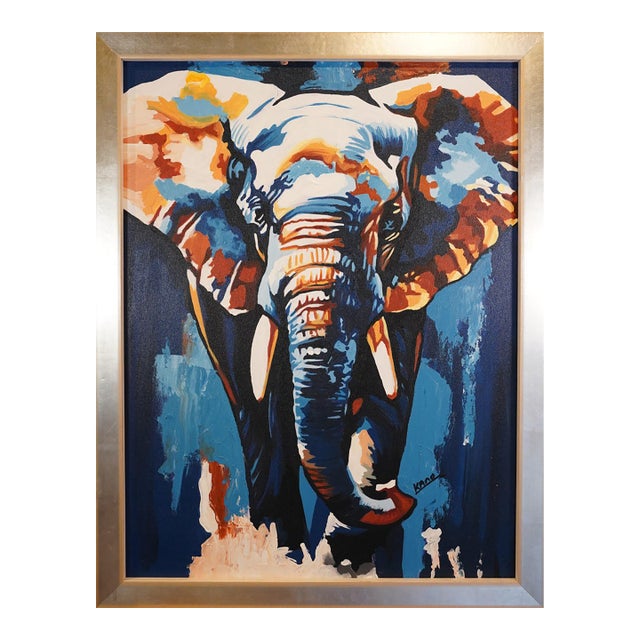 "Majestic Blue Elephant" Contemporary Wildlife Painting by Kano Derrock, Framed For Sale