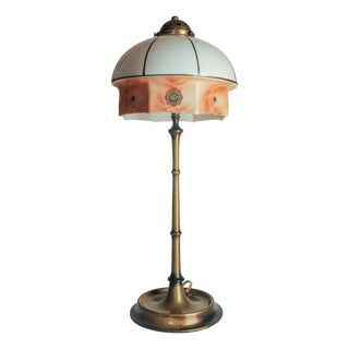 Art Nouveau Faux Bamboo Brass and Milk Glass Table Lamp For Sale