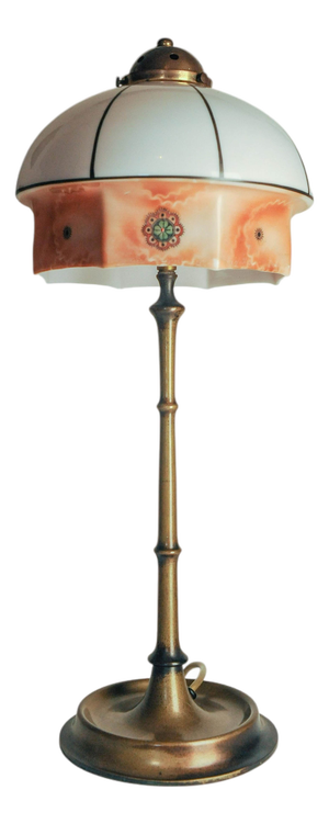 Art Nouveau Faux Bamboo Brass and Milk Glass Table Lamp