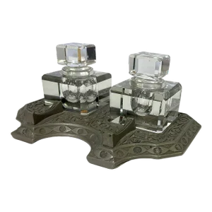 Vintage Victorian Eastlake Style Metal and Crystal Double Inkwell