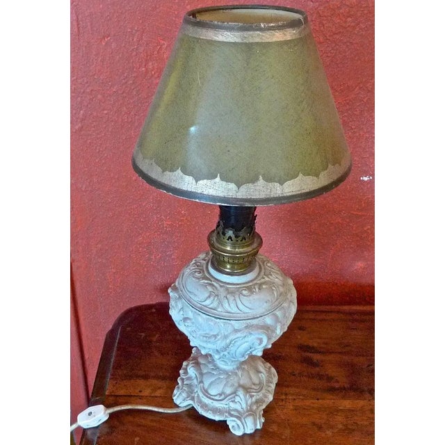 French 1940s Painted Metal Table Lamp with Wax Shade. The lamp is US wired.