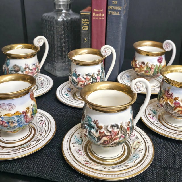 1950s Vintage Porcelain Tea Cup & Saucer Set Hand-Painted White, Gold & Jewel Tones- 12 Pieces For Sale - Image 15 of 18