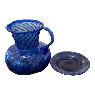 Vintage Hand-Blown Cobalt Blue Glass Pitcher With Matching Saucer For Sale