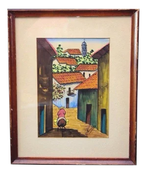 Vintage Mid Century Gouache Watercolor Signed by G Rosales (Mexican) Village