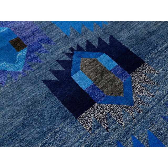 Modern Abstract Baluch Style Blue Wool Area Rug – Geometric Tribal Design 6x8 For Sale In New York - Image 6 of 11