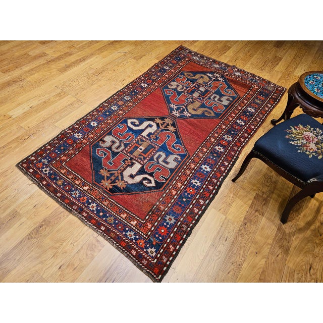 Antique Cloudband Kazak Area Rug, Hand-Knotted Wool, Geometric Design, Red & Blue, 5' x 8' For Sale - Image 14 of 15
