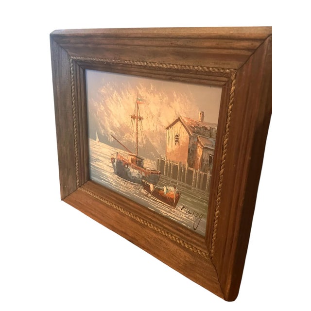 Coastal Vintage Oil on Board Harbor Scene Signed Markey For Sale - Image 3 of 5