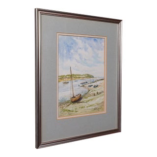 Vintage Beach Landscape Painting, English School Watercolour, Nautical Art, 1991 For Sale