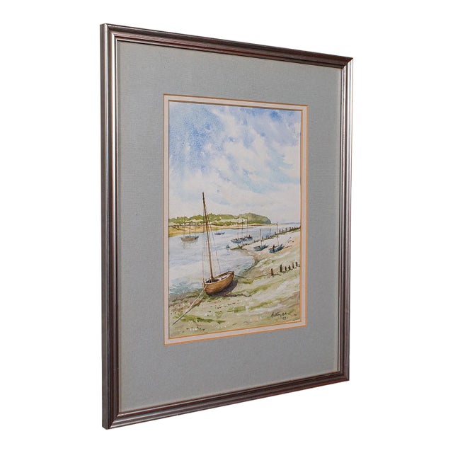 Vintage Beach Landscape Painting, English School Watercolour, Nautical Art, 1991 For Sale