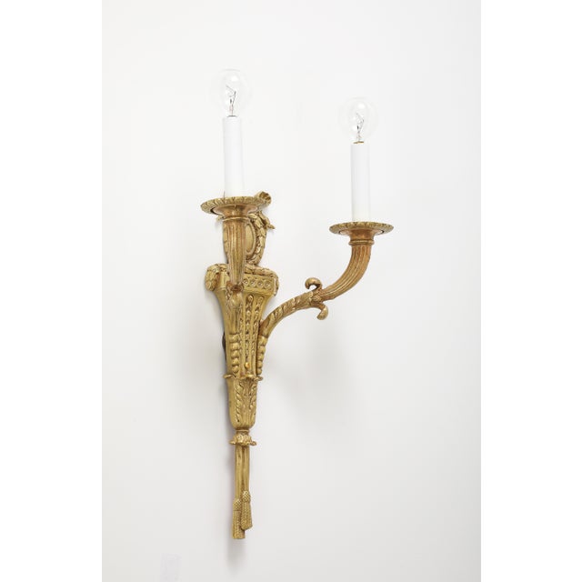 1950's solid bronze French wall sconces, fully restored and newly rewired, with minor wear and patina due to age and use.