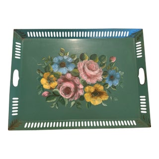Vintage Floral Toleware Tray, Handpainted in Deep Green and Pastels For Sale