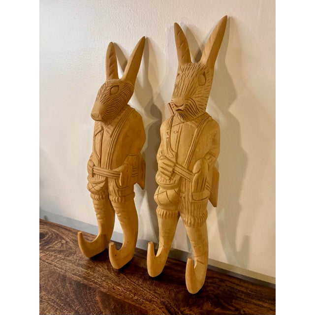 Mid-Century Modern Vintage Hand Carved Wooden Rabbit Wall Hooks, Coat Rack, Pair, Philippines For Sale - Image 3 of 9