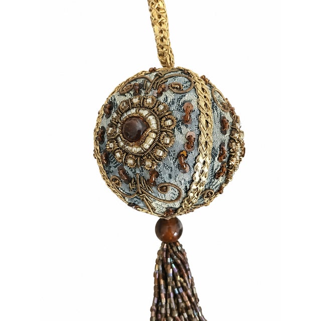 Hollywood Regency Set of 6 Embellished Gold, Taupe & Bronze Tassel Christmas Ornaments For Sale - Image 3 of 5